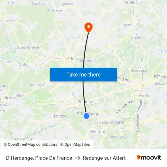 Differdange, Place De France to Redange sur Attert map