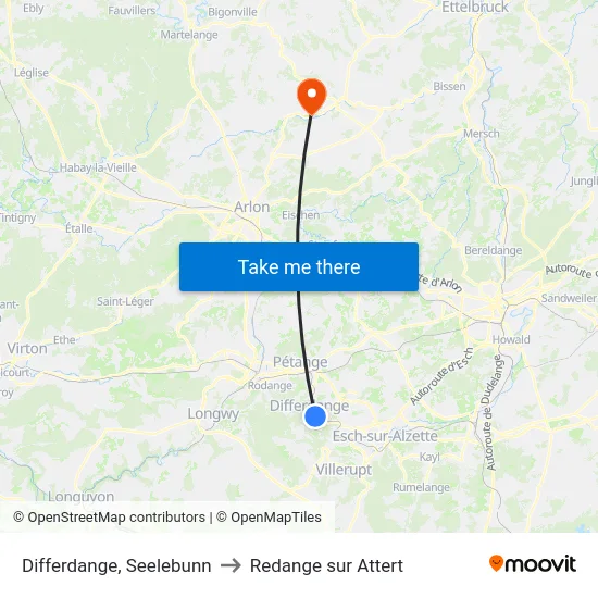 Differdange, Seelebunn to Redange sur Attert map
