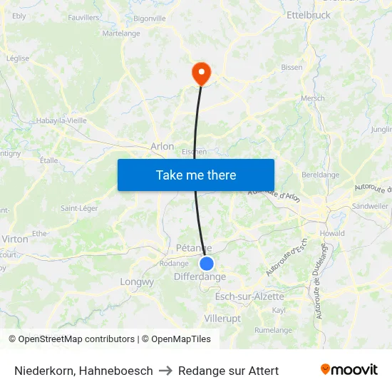 Niederkorn, Hahneboesch to Redange sur Attert map