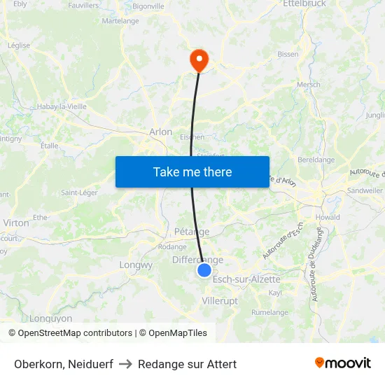 Oberkorn, Neiduerf to Redange sur Attert map