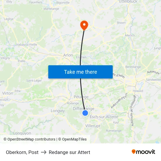 Oberkorn, Post to Redange sur Attert map