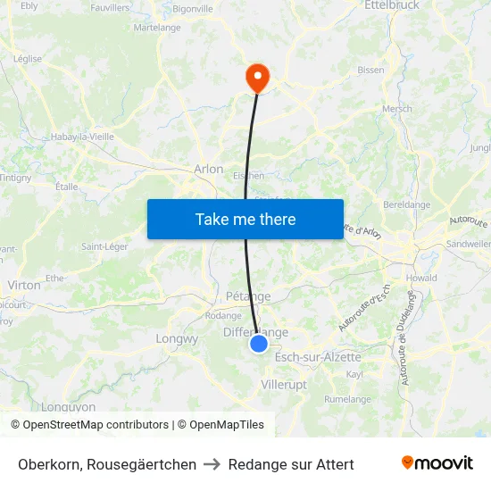 Oberkorn, Rousegäertchen to Redange sur Attert map