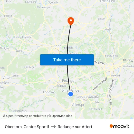 Oberkorn, Centre Sportif to Redange sur Attert map
