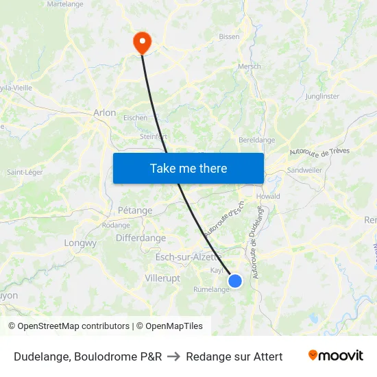 Dudelange, Boulodrome P&R to Redange sur Attert map