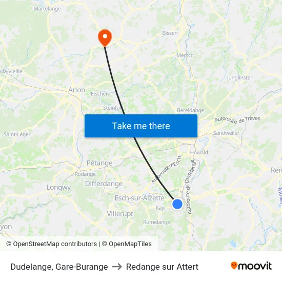 Dudelange, Gare-Burange to Redange sur Attert map