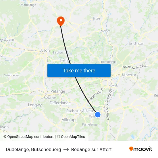 Dudelange, Butschebuerg to Redange sur Attert map
