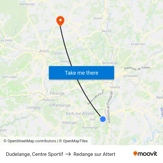 Dudelange, Centre Sportif to Redange sur Attert map