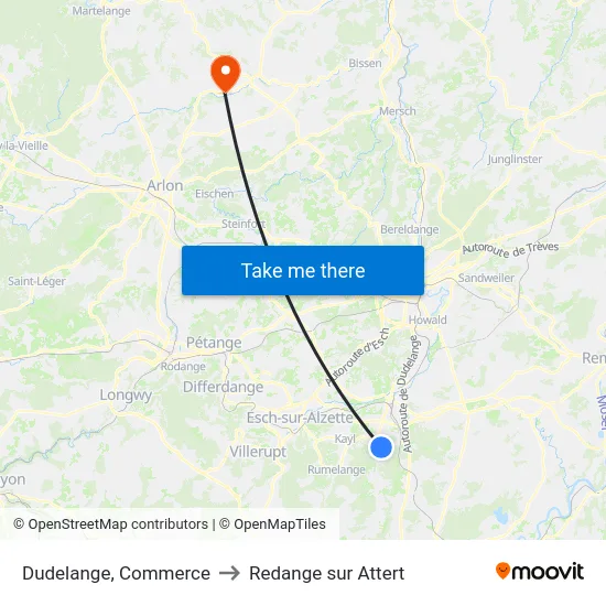Dudelange, Commerce to Redange sur Attert map