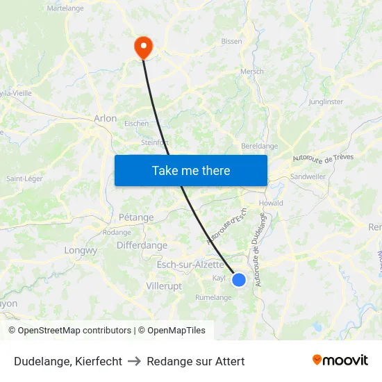 Dudelange, Kierfecht to Redange sur Attert map
