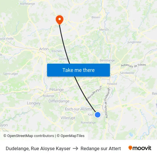 Dudelange, Rue Aloyse Kayser to Redange sur Attert map