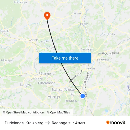 Dudelange, Kräizbierg to Redange sur Attert map