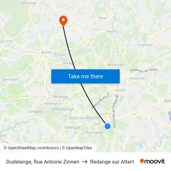 Dudelange, Rue Antoine Zinnen to Redange sur Attert map