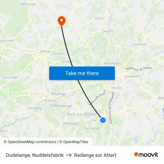 Dudelange, Nuddelsfabrik to Redange sur Attert map