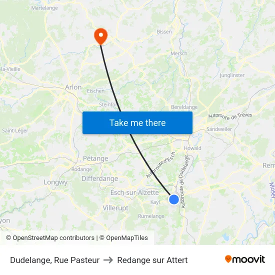 Dudelange, Rue Pasteur to Redange sur Attert map
