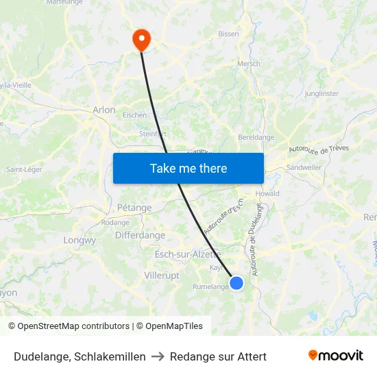 Dudelange, Schlakemillen to Redange sur Attert map