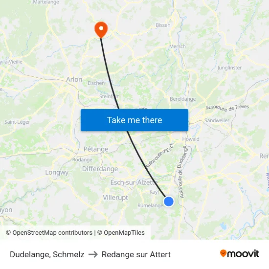 Dudelange, Schmelz to Redange sur Attert map