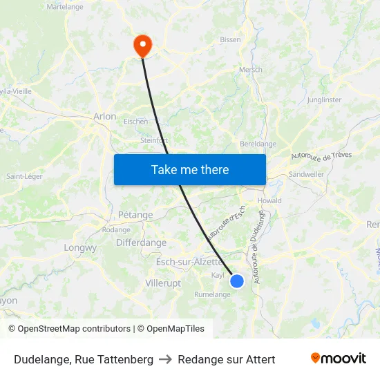 Dudelange, Rue Tattenberg to Redange sur Attert map