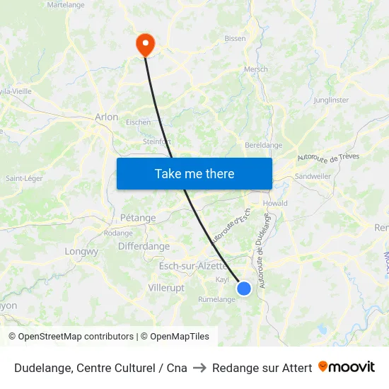 Dudelange, Centre Culturel / Cna to Redange sur Attert map