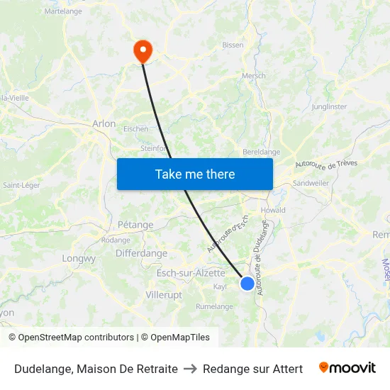 Dudelange, Maison De Retraite to Redange sur Attert map