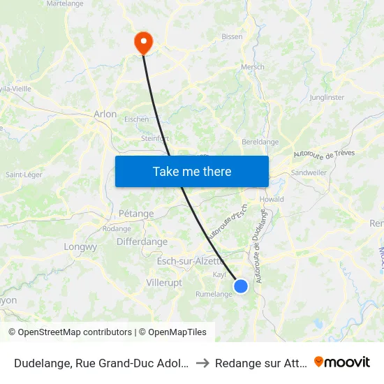 Dudelange, Rue Grand-Duc Adolphe to Redange sur Attert map