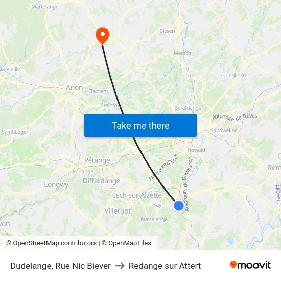 Dudelange, Rue Nic Biever to Redange sur Attert map