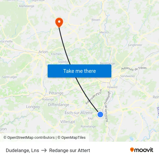 Dudelange, Lns to Redange sur Attert map