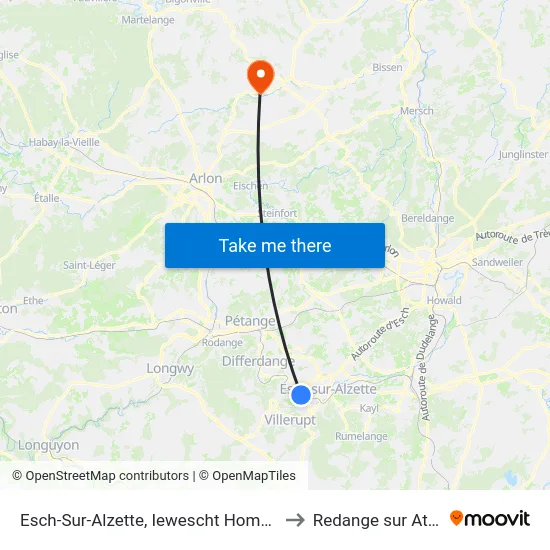 Esch-Sur-Alzette, Iewescht Homescht to Redange sur Attert map