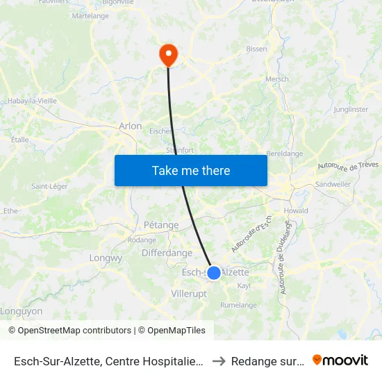 Esch-Sur-Alzette, Centre Hospitalier E. Mayrisch to Redange sur Attert map