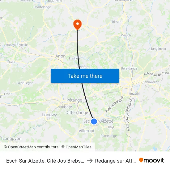 Esch-Sur-Alzette, Cité Jos Brebsom to Redange sur Attert map