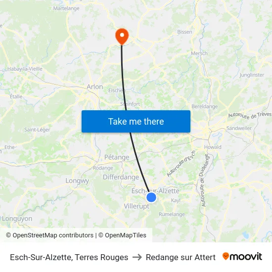 Esch-Sur-Alzette, Terres Rouges to Redange sur Attert map