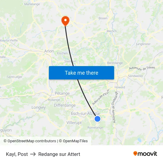 Kayl, Post to Redange sur Attert map