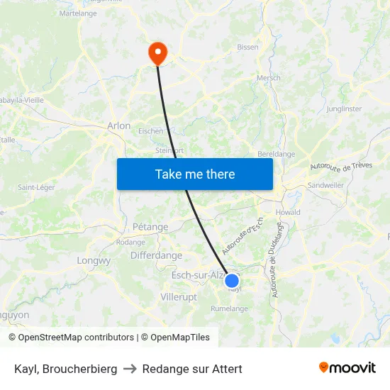 Kayl, Broucherbierg to Redange sur Attert map