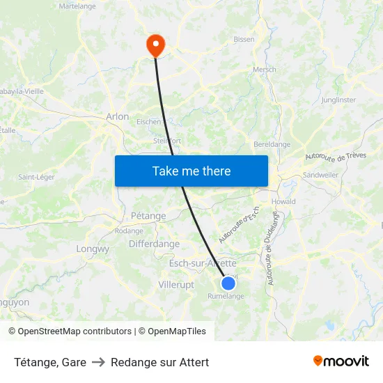 Tétange, Gare to Redange sur Attert map