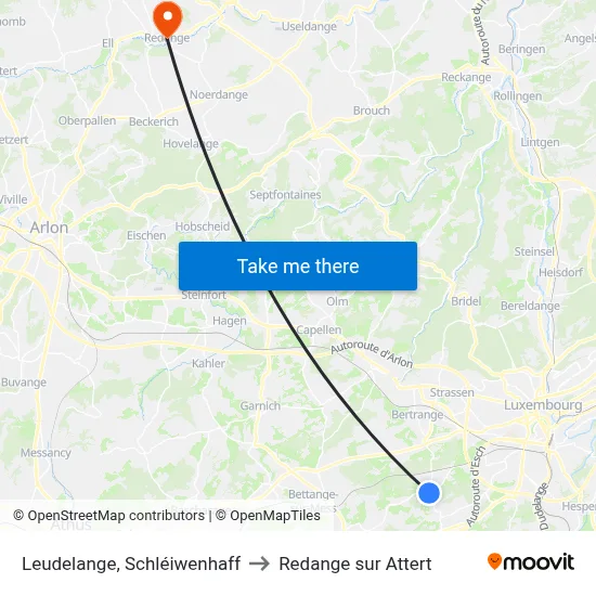 Leudelange, Schléiwenhaff to Redange sur Attert map