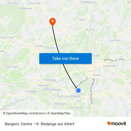 Bergem, Centre to Redange sur Attert map