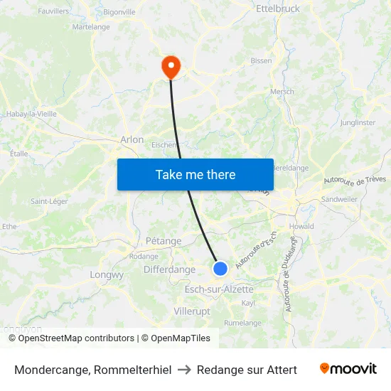 Mondercange, Rommelterhiel to Redange sur Attert map