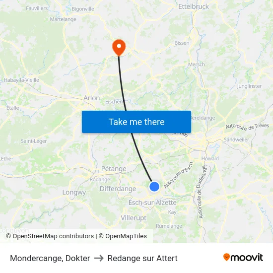 Mondercange, Dokter to Redange sur Attert map
