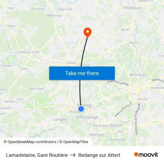 Lamadelaine, Gare Routière to Redange sur Attert map