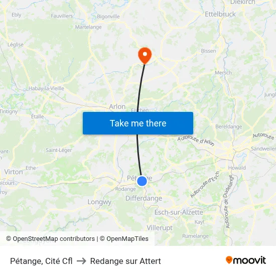Pétange, Cité Cfl to Redange sur Attert map