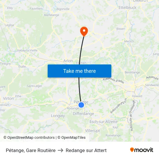 Pétange, Gare Routière to Redange sur Attert map