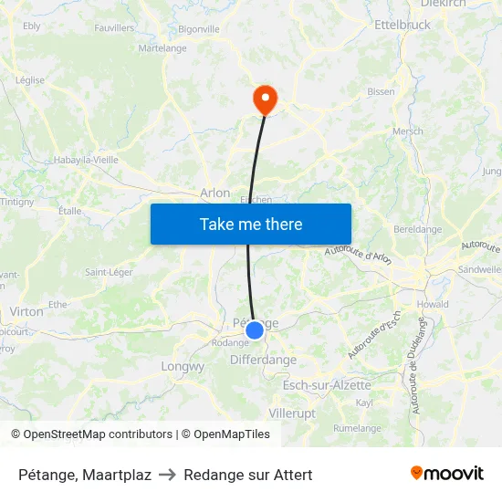 Pétange, Maartplaz to Redange sur Attert map
