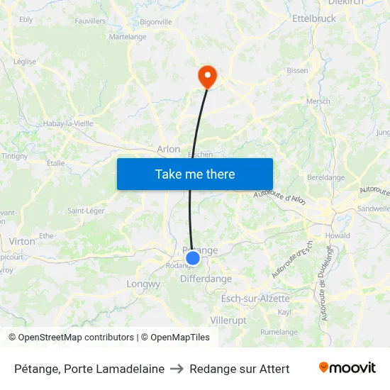 Pétange, Porte Lamadelaine to Redange sur Attert map