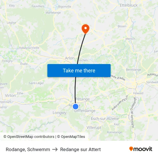 Rodange, Schwemm to Redange sur Attert map