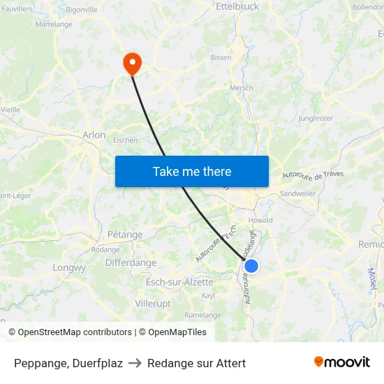 Peppange, Duerfplaz to Redange sur Attert map