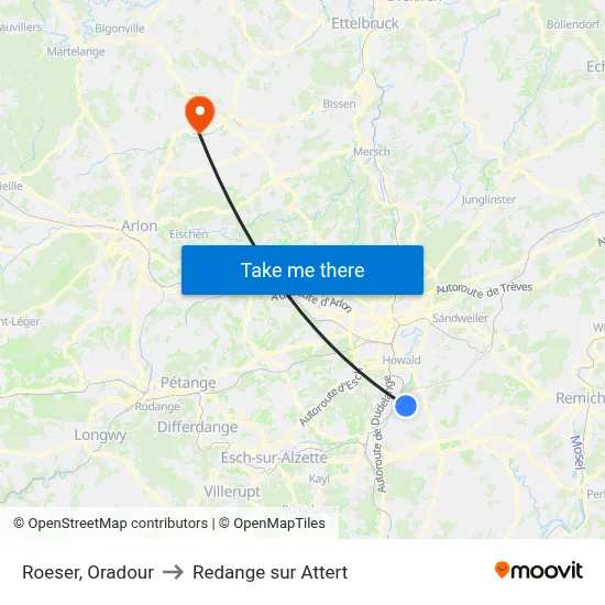 Roeser, Oradour to Redange sur Attert map