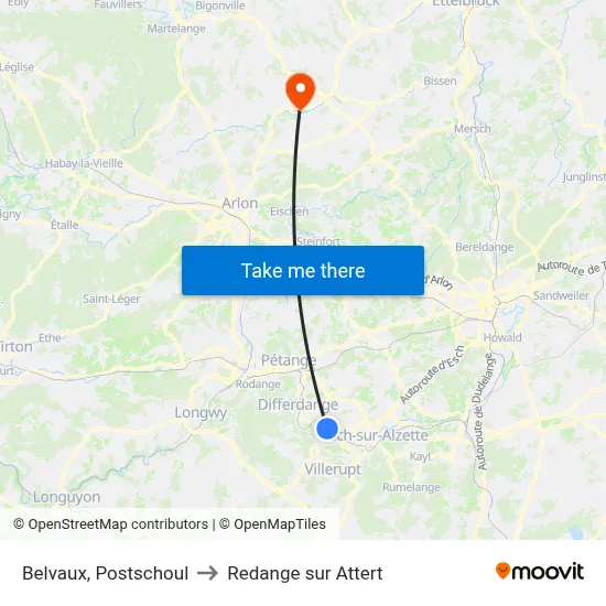 Belvaux, Postschoul to Redange sur Attert map