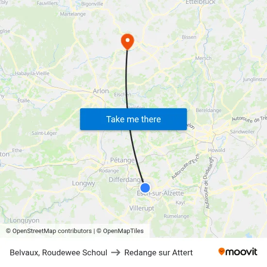 Belvaux, Roudewee Schoul to Redange sur Attert map