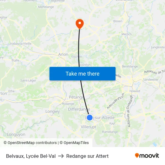 Belvaux, Lycée Bel-Val to Redange sur Attert map