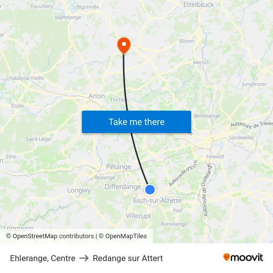 Ehlerange, Centre to Redange sur Attert map