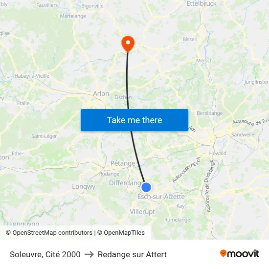 Soleuvre, Cité 2000 to Redange sur Attert map